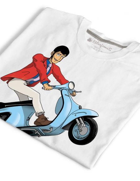 T-shirt Uomo Lupin III su vespa special cartoni animati anni 80 manga bianca