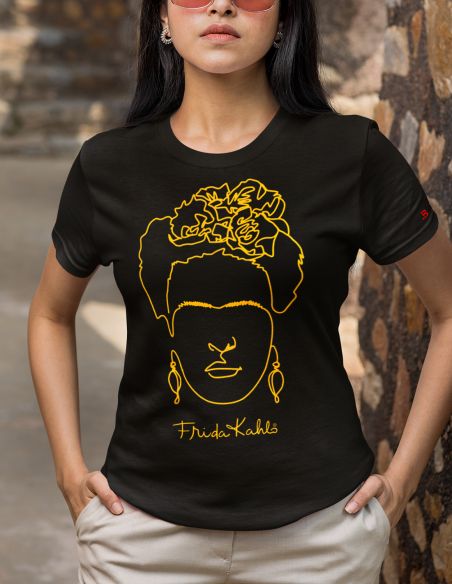 T-shirt donna Frida Kahlo Ufficiale stile Line Art - nera - indossata