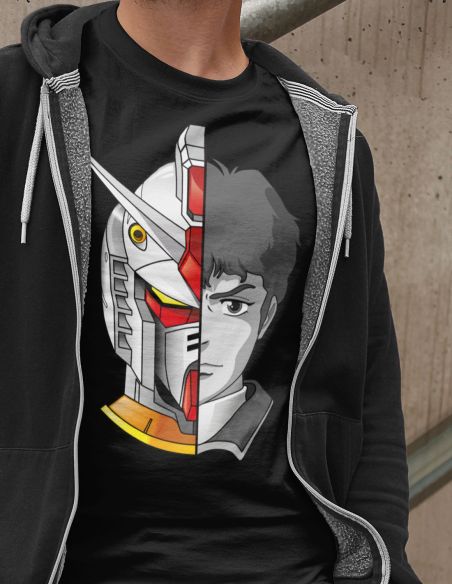 T-Shirt Uomo robot Gundam Amuro Ray cartoni animati anni 80 - nera