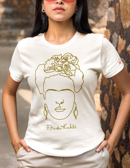 T-shirt donna Frida Kahlo Ufficiale stile Line Art - bianca - oro - indossata