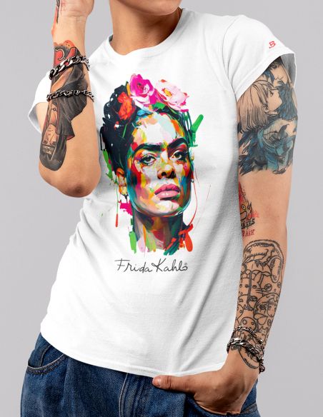T-shirt donna Frida Kahlo Ufficiale stile colors energy art - bianca - indossata