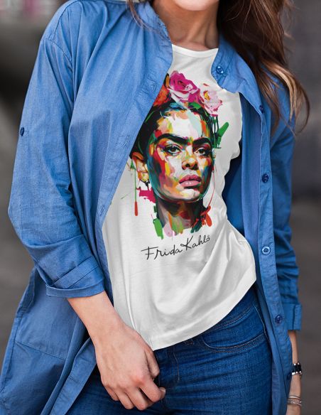 T-shirt donna Frida Kahlo Ufficiale stile colors energy art - bianca - indossata