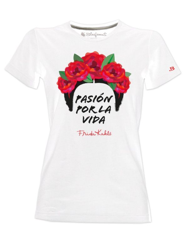 T-shirt donna bianca - Frida Khalo Ufficiale scritta Pasión por la vida - Blasfemus